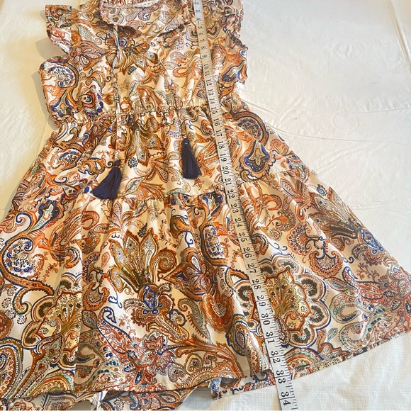 THML Boho Paisley Print Tassal Tie Mini Dress Ruffled Neck Flutter Sleeves - Picture 13 of 16